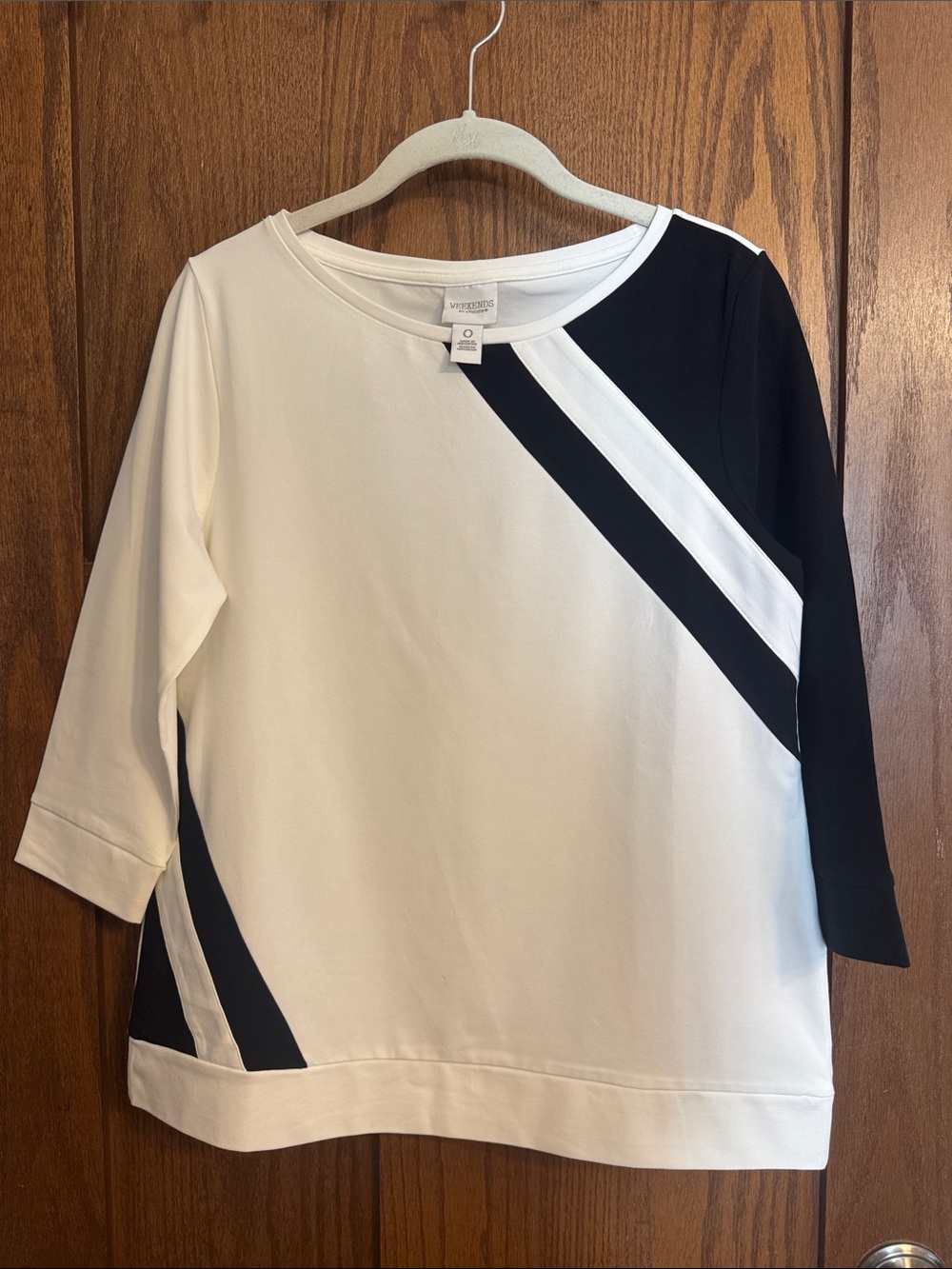 Chico's White and Black Diagonal Colorblock Boatneck Top